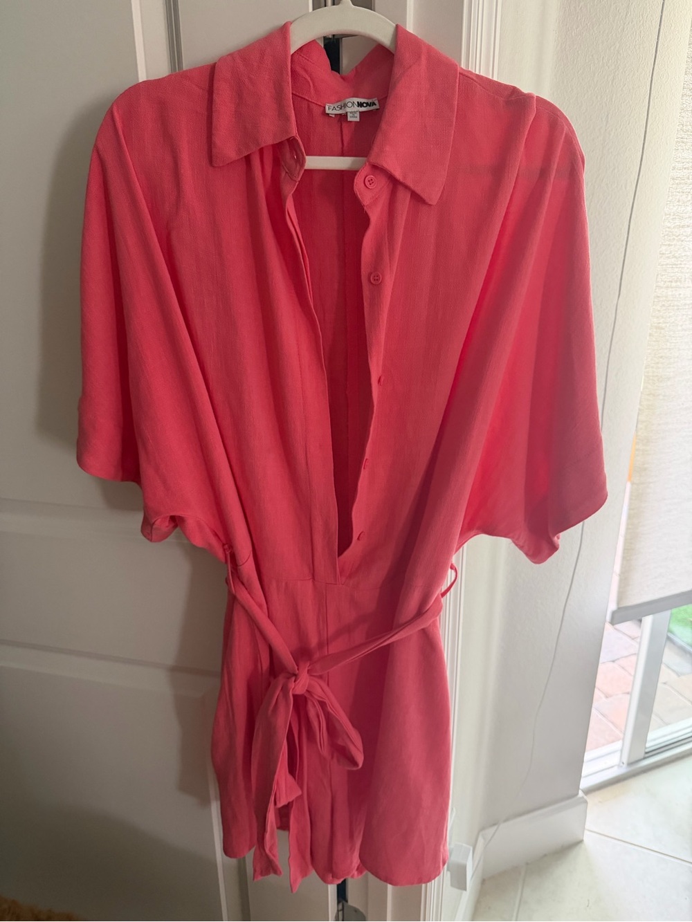 Fashion Nova Coral Pink Linen Button-Front Romper - Picture 4 of 7